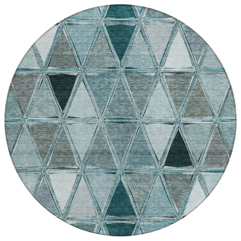 8' Teal Blue Aqua And Gray Round Geometric Washable Indoor Outdoor Area Rug