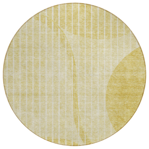 8' Gold Wheat And Ivory Round Striped Washable Indoor Outdoor Area Rug