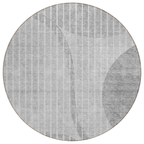 8' Gray Silver And Ivory Round Striped Washable Indoor Outdoor Area Rug