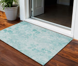3' X 5' Aqua Teal Blue And Ivory Floral Washable Indoor Outdoor Area Rug