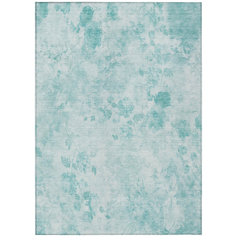 5' X 8' Aqua Teal Blue And Ivory Floral Washable Indoor Outdoor Area Rug