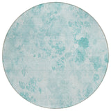 8' Aqua Teal Blue And Ivory Round Floral Washable Indoor Outdoor Area Rug
