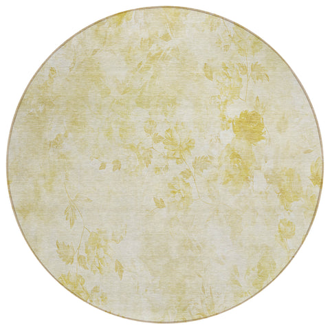 8' Gold Wheat And Ivory Round Floral Washable Indoor Outdoor Area Rug