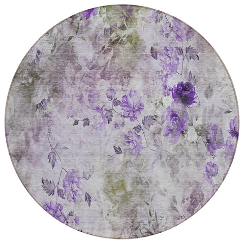 8' Purple Lavender And Artichoke Green Round Floral Washable Indoor Outdoor Area Rug