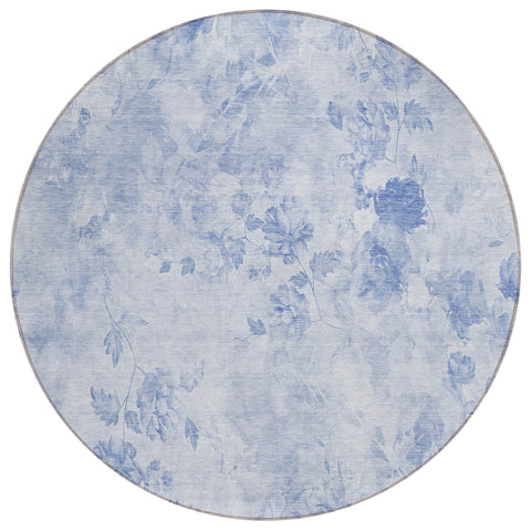 8' Sky Blue And Denim Blue Round Floral Washable Indoor Outdoor Area Rug