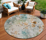 8' Teal Blue And Green Round Floral Washable Indoor Outdoor Area Rug