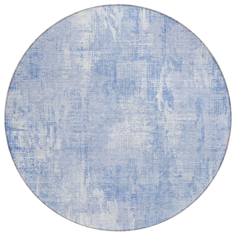 8' Sky Blue Denim Blue And Ivory Round Abstract Washable Indoor Outdoor Area Rug