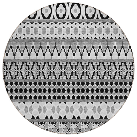 8' Black Gray And Ivory Round Quatrefoil Washable Indoor Outdoor Area Rug