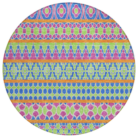 8' Blush Blue And Lime Green Round Quatrefoil Washable Indoor Outdoor Area Rug