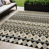 5' X 8' Charcoal Gray And Gold Quatrefoil Washable Indoor Outdoor Area Rug