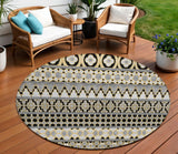 8' Charcoal Gray And Gold Round Quatrefoil Washable Indoor Outdoor Area Rug