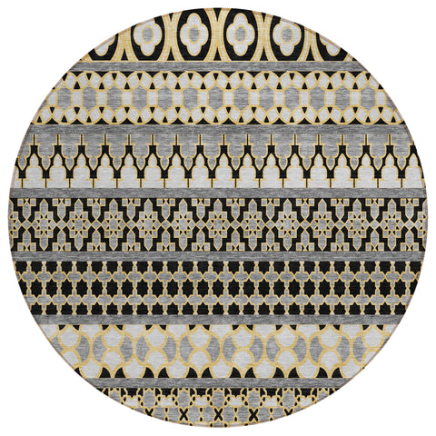 8' Charcoal Gray And Gold Round Quatrefoil Washable Indoor Outdoor Area Rug