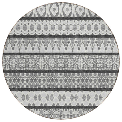 8' Gray Charcoal And Silver Round Quatrefoil Washable Indoor Outdoor Area Rug