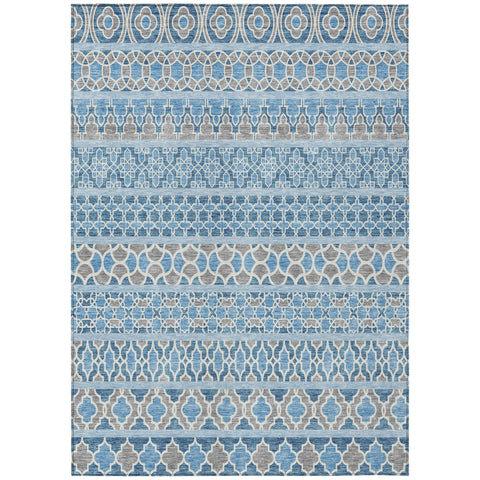 8' X 10' Sky Blue And Denim Blue Quatrefoil Washable Indoor Outdoor Area Rug