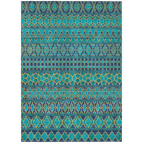 3' X 5' Teal Blue And Navy Blue Quatrefoil Washable Indoor Outdoor Area Rug