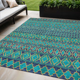 5' X 8' Teal Blue And Navy Blue Quatrefoil Washable Indoor Outdoor Area Rug