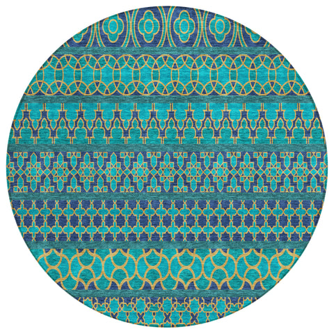 8' Teal Blue And Navy Blue Round Quatrefoil Washable Indoor Outdoor Area Rug
