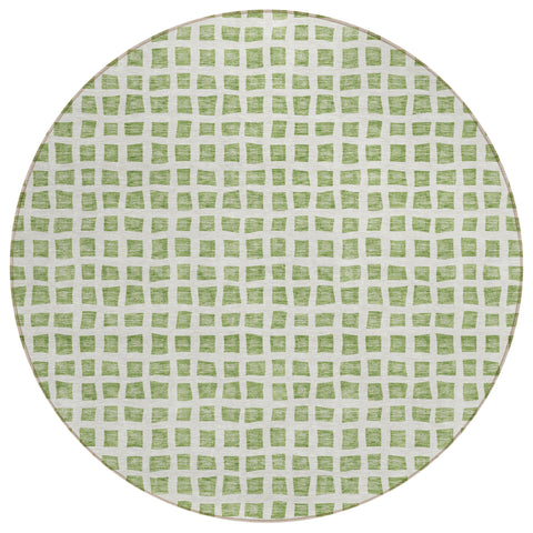 8' Artichoke Green And Ivory Round Geometric Washable Indoor Outdoor Area Rug