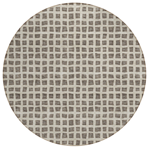 8' Brown Taupe And Ivory Round Geometric Washable Indoor Outdoor Area Rug