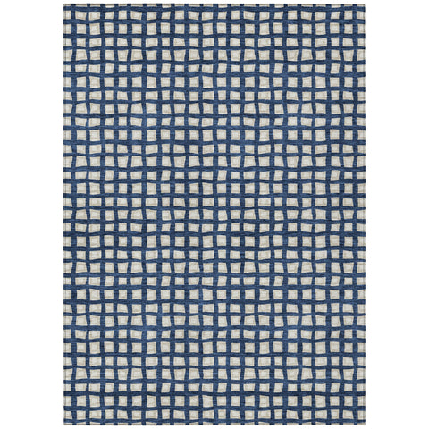 3' X 5' Navy Blue And Ivory Geometric Washable Indoor Outdoor Area Rug