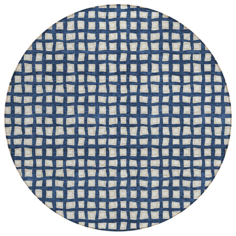 8' Navy Blue And Ivory Round Geometric Washable Indoor Outdoor Area Rug