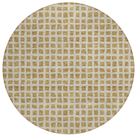 8' Gold And Beige Round Geometric Washable Indoor Outdoor Area Rug