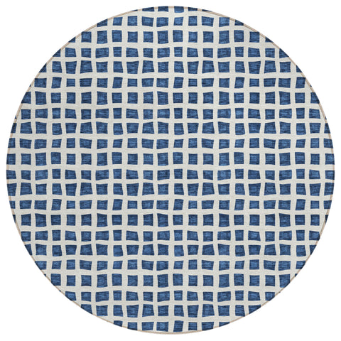 8' Navy Blue And Ivory Round Geometric Washable Indoor Outdoor Area Rug
