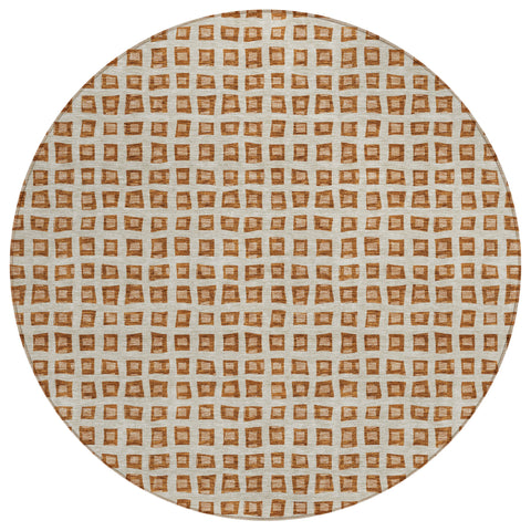 8' Orange Beige And Copper Round Geometric Washable Indoor Outdoor Area Rug