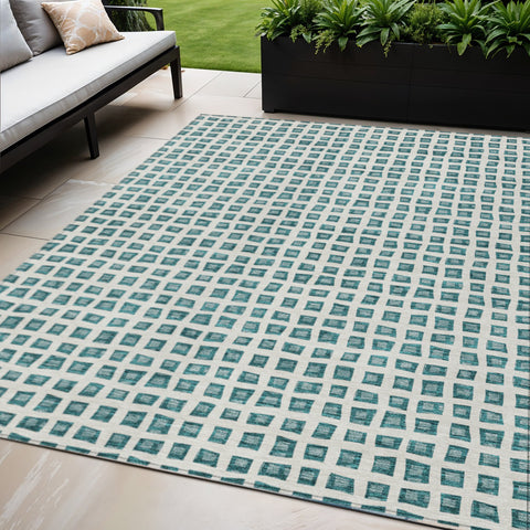 5' X 8' Teal Blue And Ivory Geometric Washable Indoor Outdoor Area Rug