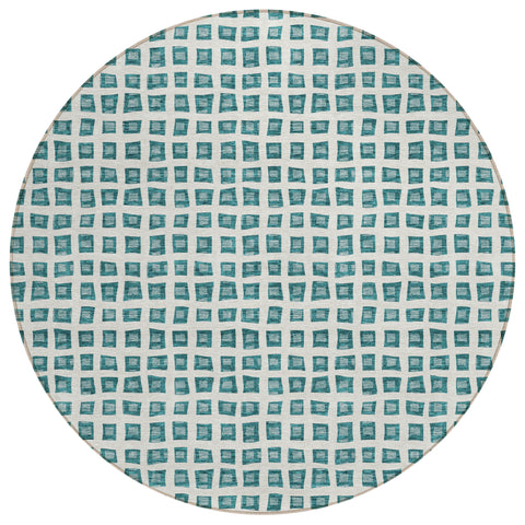 8' Teal Blue And Ivory Round Geometric Washable Indoor Outdoor Area Rug