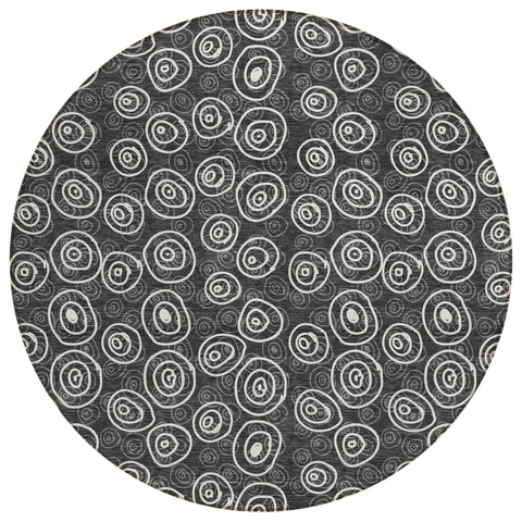 8' Black Gray And Ivory Round Geometric Washable Indoor Outdoor Area Rug