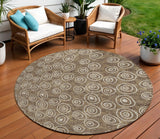 8' Brown Taupe And Beige Round Geometric Washable Indoor Outdoor Area Rug