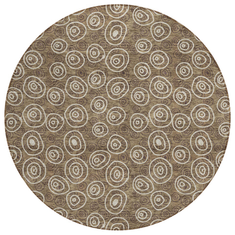 8' Brown Taupe And Beige Round Geometric Washable Indoor Outdoor Area Rug