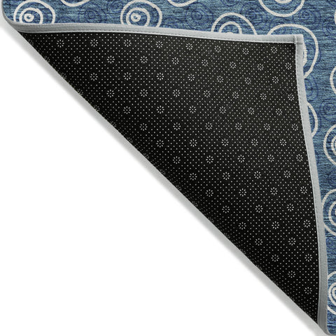 8' Navy Blue And Ivory Round Geometric Washable Indoor Outdoor Area Rug