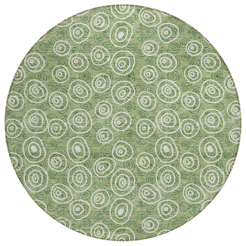 8' Green And Ivory Round Geometric Washable Indoor Outdoor Area Rug