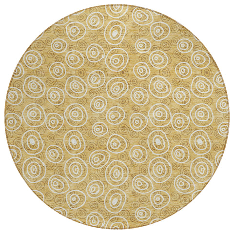 8' Gold Beige And Ivory Round Geometric Washable Indoor Outdoor Area Rug