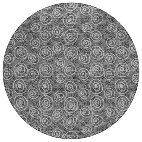 8' Gray Charcoal And Silver Round Geometric Washable Indoor Outdoor Area Rug
