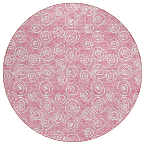 8' Pink And Ivory Round Geometric Washable Indoor Outdoor Area Rug