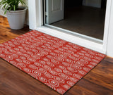 3' X 5' Red And Ivory Geometric Washable Indoor Outdoor Area Rug