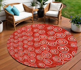 8' Red And Ivory Round Geometric Washable Indoor Outdoor Area Rug