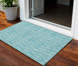 3' X 5' Teal Blue And Ivory Geometric Washable Indoor Outdoor Area Rug