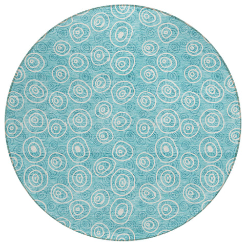 8' Teal Blue And Ivory Round Geometric Washable Indoor Outdoor Area Rug