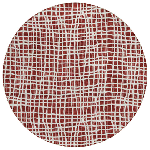 8' Burgundy And Ivory Round Striped Washable Indoor Outdoor Area Rug