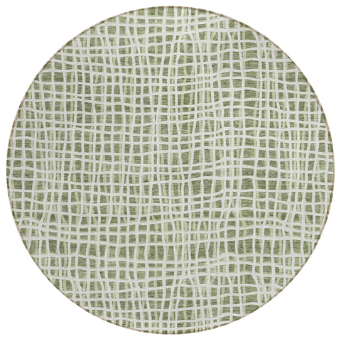 8' Green And Ivory Round Striped Washable Indoor Outdoor Area Rug