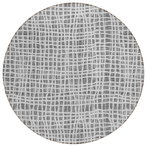 8' Gray Charcoal And Silver Round Striped Washable Indoor Outdoor Area Rug