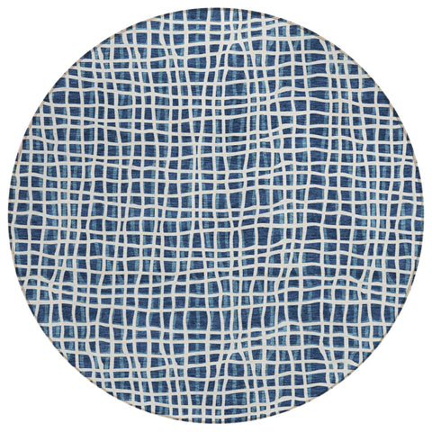 8' Navy Blue And Ivory Round Striped Washable Indoor Outdoor Area Rug