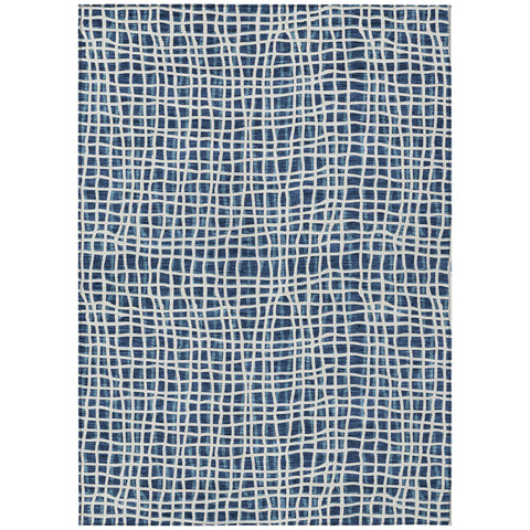 8' X 10' Navy Blue And Ivory Striped Washable Indoor Outdoor Area Rug
