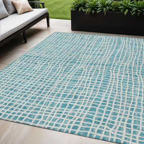 5' X 8' Teal Blue And Ivory Striped Washable Indoor Outdoor Area Rug