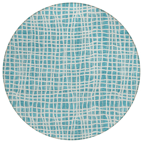 8' Teal Blue And Ivory Round Striped Washable Indoor Outdoor Area Rug