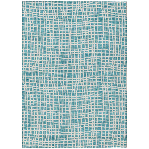 8' X 10' Teal Blue And Ivory Striped Washable Indoor Outdoor Area Rug